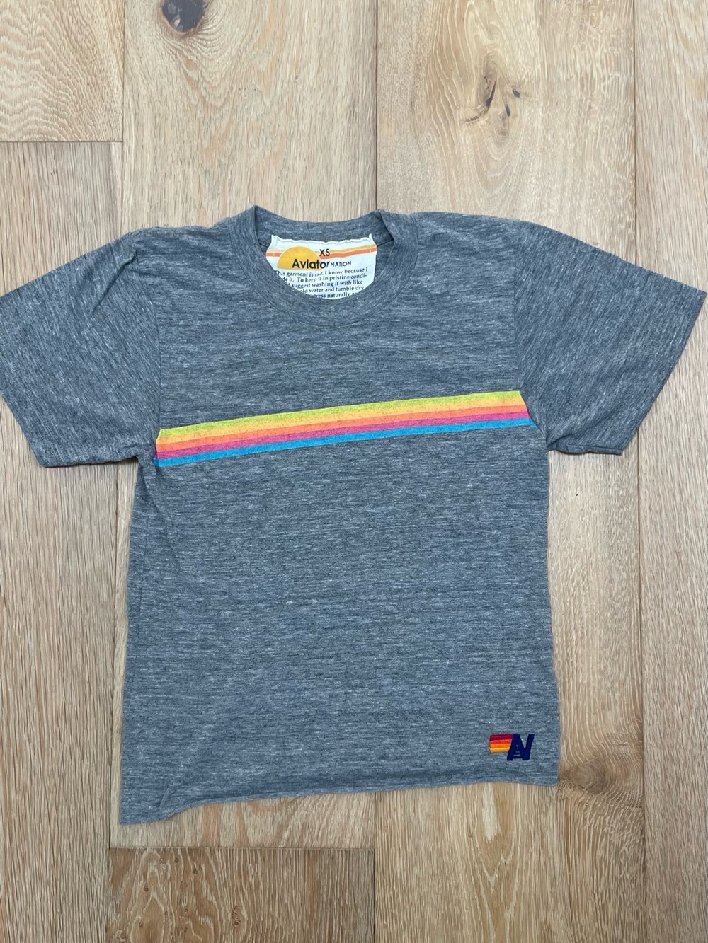Aviator Nation womens Heather Gray Tee with Rainbow Chest Stripe  size X-Small